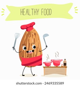 Cute almonds nut characters, funny nuts, with different activities, outdoor, sports,musical instrument. Organic food, healthy food, illustrations for kids menu.