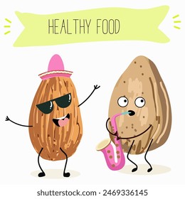 Cute almonds nut characters, funny nuts, with different activities, outdoor, sports,musical instrument. Organic food, healthy food, illustrations for kids menu.