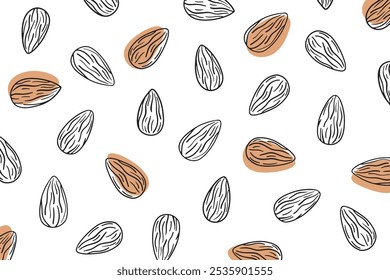 Bonito padrão de amêndoas no desenho de linha e de cor plana. Ilustração vetorial para plano de fundo e elemento gráfico
