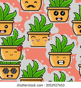 Patrón sin soldadura de Cute Aloe Vera, Ilustración de vectores de dibujos animados, fondo aislado