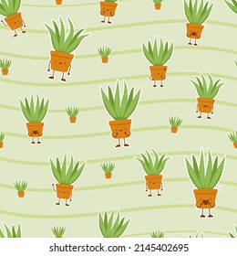 cute aloevera cartoon emoji seamless pattern