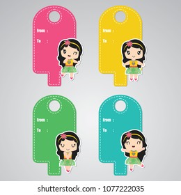 Cute aloha girl custom vector cartoon illustration for birthday gift tags design, postcard and sticker set