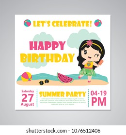 Cute aloha girl on the beach vector cartoon illustration for happy birthday card design, postcard, and wallpaper
