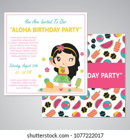 Cute aloha girl party vector cartoon illustration for birthday card design, postcard, and wallpaper