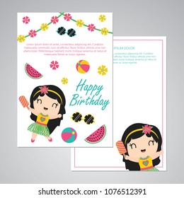 Cute aloha girl and summer elements vector cartoon illustration for happy birthday card design, postcard, and wallpaper