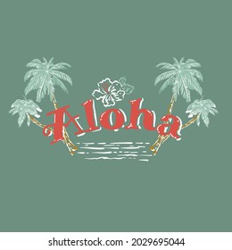 Cute Aloha summer quote, with hand drawn palm tree, Hibiscus flower,waves. Brush vector lettering for print, tshirt and poster. Inspirational quote on light green mint background color