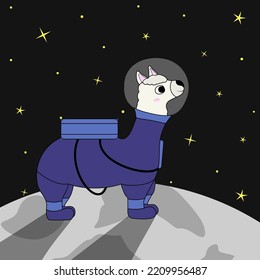 Cute alpaca astronaut in space. Llama standing on the Moon and watching stars. Flat vector illustration.