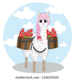 Cute alpaca or Cute alpaca background with red tulip flower