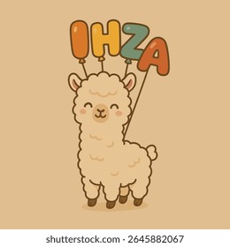 Alpaca bonito com balões, Uma charmosa alpaca de desenho animado segurando balões soletrando IHZA, uma ilustração encantadora e caprichosa.