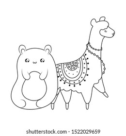 cute alpaca with bear animals kawaii style vector illustration design