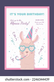 Cute Alpaca für die Geburtstagsfeier. Postkarte. Einladung. Vektorgrafik