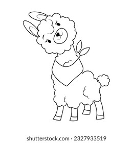 Cute alpaca in black outline coloring page for kids