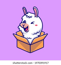 Cute Alpaca In Box Cartoon Vector Icon Illustration. Animal Nature Icon Concept Isolated Premium Vector. Flat Cartoon Style