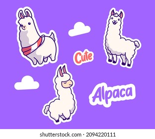 cute alpaca bundle sticker mascot illustration, icon vector icon logo, flat cartoon style.
