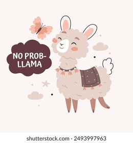 Linda alpaca con una mariposa. Texto No hay problema. Lindos caricaturas Bohemias afiches escandinavos de vivero en colores beige y gris. Estampado de Vector boho