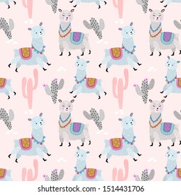 Cute alpaca with cactus in pastel color seamless pattern