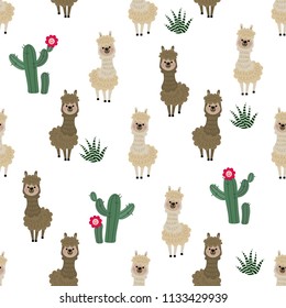 Cute alpaca and cactus seamless pattern. Animal wildlife cartoon character background. Vector in flat style.