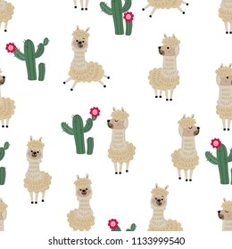 Cute alpaca and cactus seamless pattern. Animal wildlife cartoon character background. Vector in flat style.