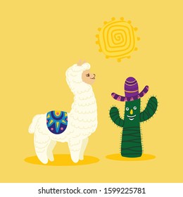 Cute alpaca with cactus and sun, vector flat illustration