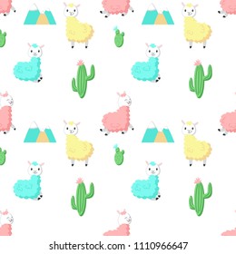 Cute alpaca with cactus vector seamless pattern. Creative design for fabric, textile, wallpaper, wrapping paper.