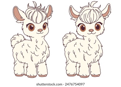 cute alpaca cartoon character  isolated on white background, color, vector illustration