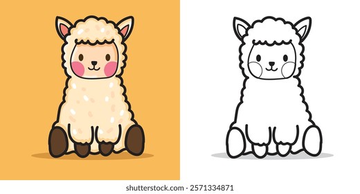 a cute alpaca cartoon doll for design element or coloring book element