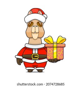 cute alpaca cartoon, giving christmas gifts and wearing santa claus costume, cute animal character wearing christmas costume, front view. kawaii and simple style, perfect for christmas content