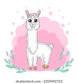 Cute alpaca in cartoon hand drawn style. Vector illustration of lama animal isolated on white background