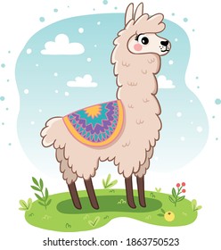 Cute alpaca in cartoon stile. Animals of south america.

