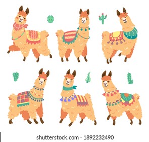 Carácter alpaca lindo con diferentes emociones aisladas en fondo blanco. Mascota de dibujos animados, llama adorable sonriendo, feliz, triste y sorprendida. Juego de emojis creativo, robot lama dulce