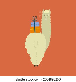 Cute alpaca character. Funny llama with luggage. Cartoon for your design