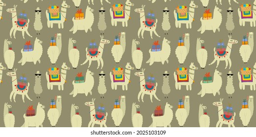 Cute alpaca character. Funny llamas family with luggage. Seamless pattern for your design