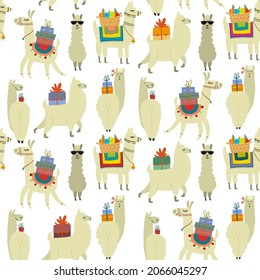 Cute alpaca character. Funny llamas family with luggage. Seamless pattern for your design