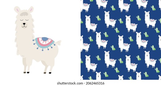 cute alpaca +Childish seamless pattern.On blue background. Perfect for kids apparel,fabric, textile, nursery decoration,wrapping paper. vector