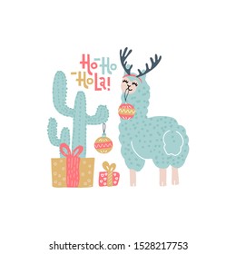 Cute alpaca Christmas greeting card vector templates for kids with cactus, gift boxes, funny color llama with handwritten text - Ho-ho-ho-la. Llama in antlers Decorates Cactus with Christmass balls