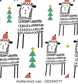 Cute alpaca and Christmas tree seamless pattern. Animal wildlife holiday cartoon background. Creative hand drawn background. Forest landscape.