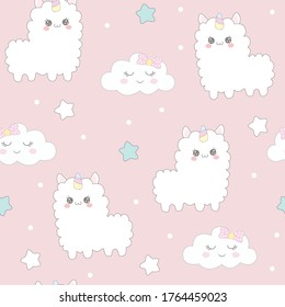 Cute alpaca with cloud seamless pattern on blue background.