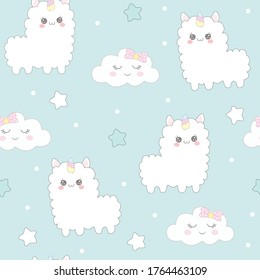 Cute alpaca with cloud seamless pattern on blue background.