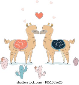 Cute Alpaca Couple. Hand Drawn Delicate Design for cards, decorations, etc. Scandinavian Style. Vector Illustration


