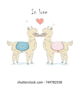 Cute Alpaca Couple. Hand Drawn Delicate Design for cards, decorations, etc. Scandinavian Style. Vector Illustration