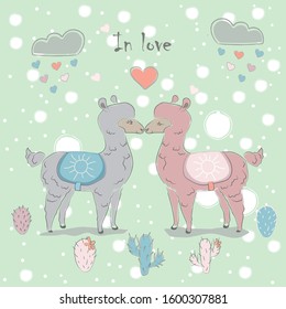 Cute Alpaca couple for Valentine's day and love cards. Vector Illustration