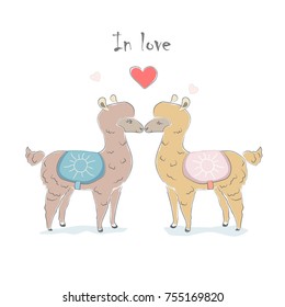 Cute Alpaca couple for Valentine's day and love cards. Vector Illustration