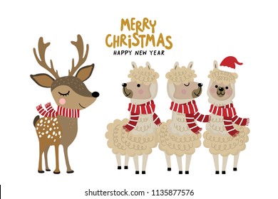 Cute alpaca and deer wear Christmas costume. Animal holiday cartoon character. 