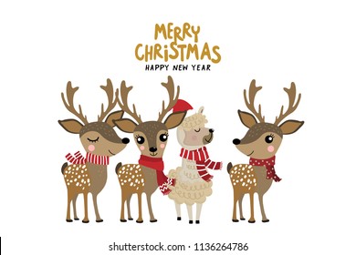 Cute Alpaca And Deer Wear Christmas Costume. Animal Holiday Cartoon Character. 