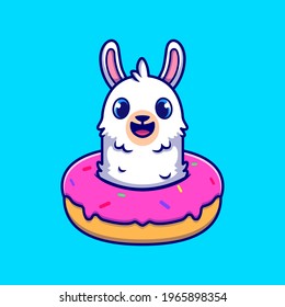 Cute Alpaca With Doughnut Cartoon Vector Icon Illustration. Animal Food Icon Concept Isolated Premium Vector. Flat Cartoon Style