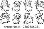 Cute alpaca emoticon vector set kawaii llama expressions for digital design