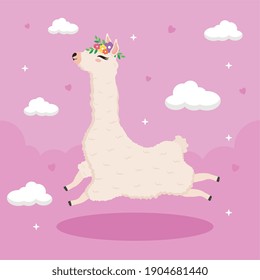 cute alpaca exotic with flowers decoration in head and lettering vector illustration design