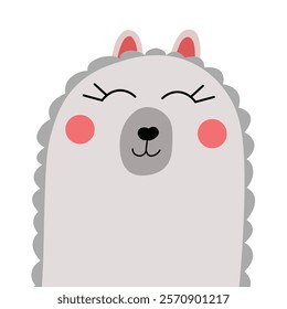 cute alpaca face with gray fur, pink cheeks, closed eyes, and small ears, flat style