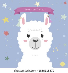 Cute alpaca face isolated for cards, nursery, gifts, childrens clothes, avatars, etc. Llama cartoon flat vector illustration.  Kids book design elements.