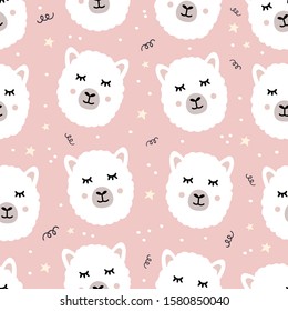 Cute alpaca face seamless pattern on pink background with doodle elements. Hand drawn cartoon animal character in minimal flat style. Wrapping, textile, cards design. Stock vector illustration.